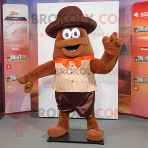 Brown Moussaka mascot costume character dressed with a Shorts and Hat pins