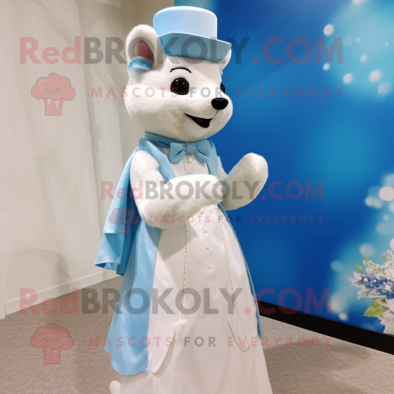 Sky Blue Marten mascot costume character dressed with a Wedding Dress and Hat pins