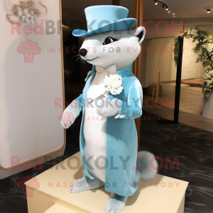 Sky Blue Marten mascot costume character dressed with a Wedding Dress and Hat pins