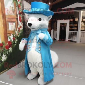Sky Blue Marten mascot costume character dressed with a Wedding Dress and Hat pins