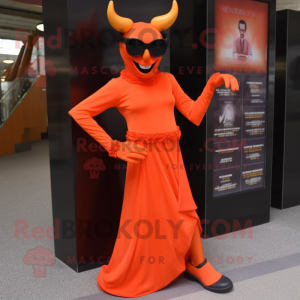 Orange Devil mascot costume character dressed with a Evening Gown and Sunglasses