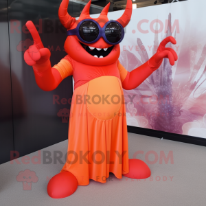 Orange Devil mascot costume character dressed with a Evening Gown and Sunglasses