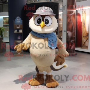 Maskot postava béžové sovy...