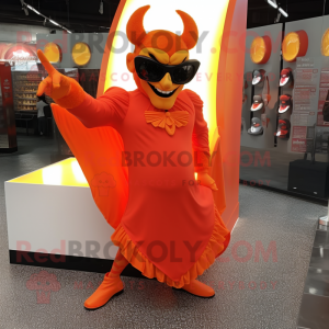 Orange Devil mascot costume character dressed with a Evening Gown and Sunglasses