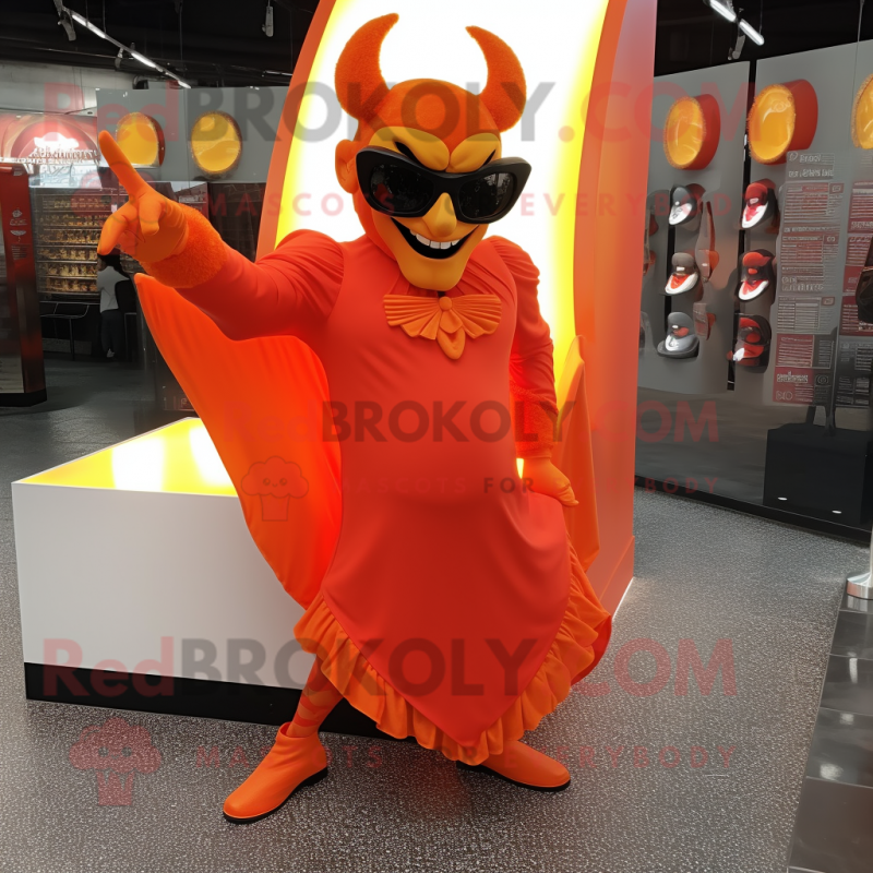 Orange Devil mascot costume character dressed with a Evening Gown and Sunglasses Orange Devil mascot costume character dressed with a Evening Gown and Sunglasses