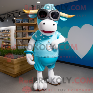 Maskotkarakter af en cyan...