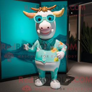 Maskotkarakter af en cyan...