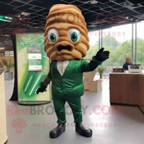 Forest Green Croissant mascot costume character dressed with a Suit and Earrings