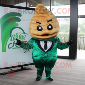 Forest Green Croissant mascot costume character dressed with a Suit and Earrings