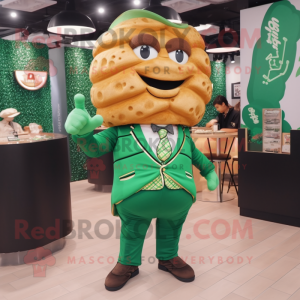 Forest Green Croissant mascot costume character dressed with a Suit and Earrings