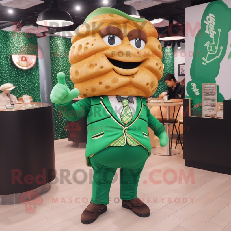 Forest Green Croissant mascot costume character dressed with a Suit and Earrings Forest Green Croissant mascot costume character dressed with a Suit and Earrings