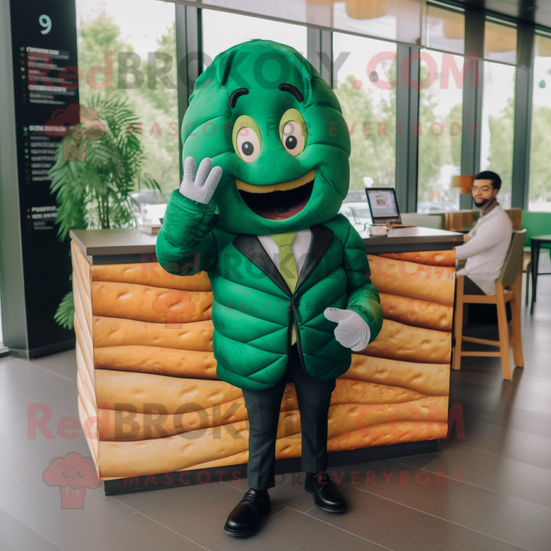 Forest Green Croissant mascot costume character dressed with a Suit and Earrings