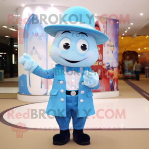 Sky Blue Pendant mascot costume character dressed with a Waistcoat and Hats