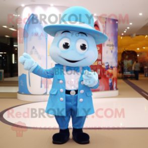 Sky Blue Pendant mascot costume character dressed with a Waistcoat and Hats