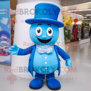 Sky Blue Pendant mascot costume character dressed with a Waistcoat and Hats