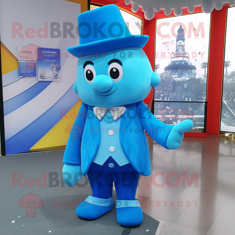 Sky Blue Pendant mascot costume character dressed with a Waistcoat and Hats