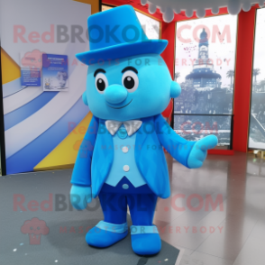 Sky Blue Pendant mascot costume character dressed with a Waistcoat and Hats