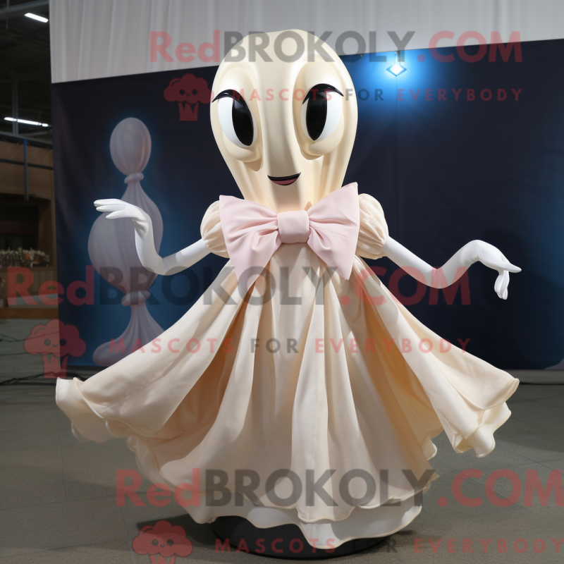 Maskottchenfigur eines Cream Squid mit Tellerrock und Fliege - Tintenfisch-Maskottchen - REBROKO_384897 - RedBrokoly.com