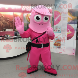 Maskotkarakter av en rosa...