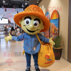 Orange Paella mascot costume character dressed with a Denim Shirt and Handbags