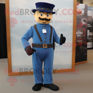 Blue Civil War Soldier mascot costume character dressed with a Dungarees and Suspenders