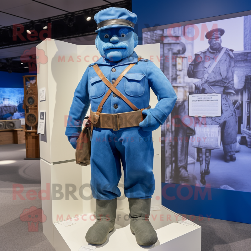 Blue Civil War Soldier mascot costume character dressed with a Dungarees and Suspenders