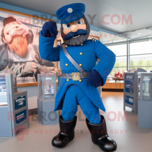 Blue Civil War Soldier mascot costume character dressed with a Dungarees and Suspenders