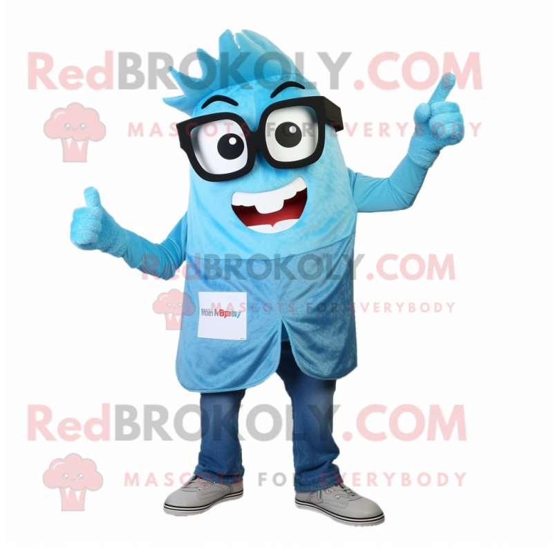 Sky Blue Lasagna mascot costume character dressed with a Flare Jeans and Eyeglasses Sky Blue Lasagna mascot costume character dressed with a Flare Jeans and Eyeglasses