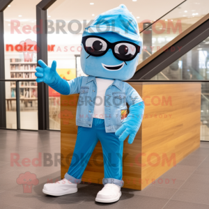 Sky Blue Lasagna mascot costume character dressed with a Flare Jeans and Eyeglasses