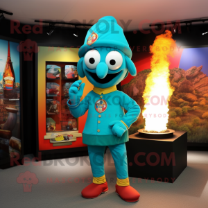 Turquoise Fire Eater mascot costume character dressed with a T-Shirt and Berets