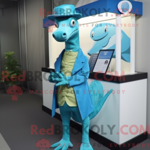 Maskotkarakter af en cyan...