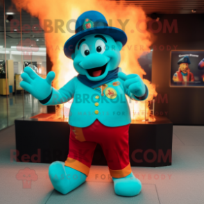 Turquoise Fire Eater mascot costume character dressed with a T-Shirt and Berets