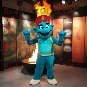 Turquoise Fire Eater mascot costume character dressed with a T-Shirt and Berets