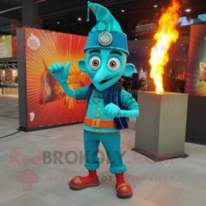 Turquoise Fire Eater mascot costume character dressed with a T-Shirt and Berets