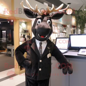 Black Reindeer mascot costume character dressed with a Jacket and Tie pins