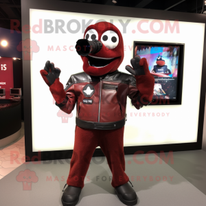 Maroon Camera mascot costume character dressed with a Leather Jacket and Gloves