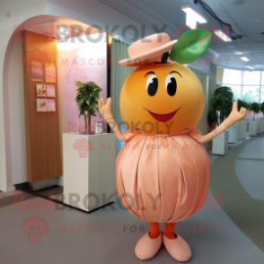 Peach Pendant mascot costume character dressed with a Midi Dress and Tie pins