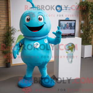 Maskotkarakter af en cyan...