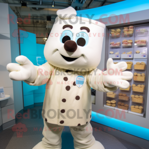 White Chocolate Bars mascot costume character dressed with a Button-Up Shirt and Mittens