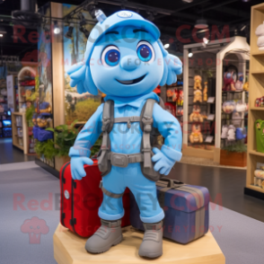 Sky Blue Pendant mascot costume character dressed with a Cargo Pants and Backpacks