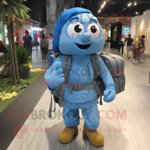 Sky Blue Pendant mascot costume character dressed with a Cargo Pants and Backpacks