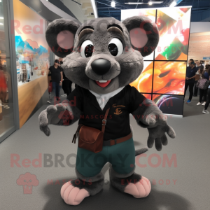 Black Rat mascot costume character dressed with a Graphic Tee and Messenger bags
