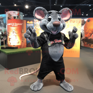 Black Rat mascot costume character dressed with a Graphic Tee and Messenger bags