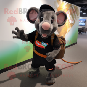 Black Rat mascot costume character dressed with a Graphic Tee and Messenger bags