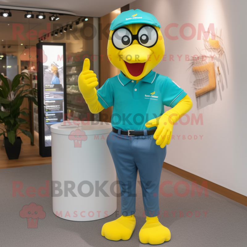 Teal Canary mascot costume character dressed with a Polo Shirt and Digital watches Teal Canary mascot costume character dressed with a Polo Shirt and Digital watches