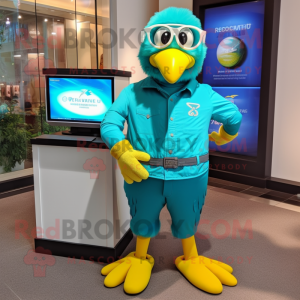 Teal Canary mascot costume character dressed with a Polo Shirt and Digital watches