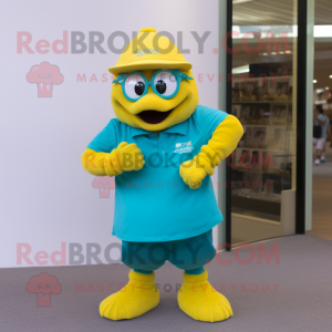 Teal Canary mascot costume character dressed with a Polo Shirt and Digital watches
