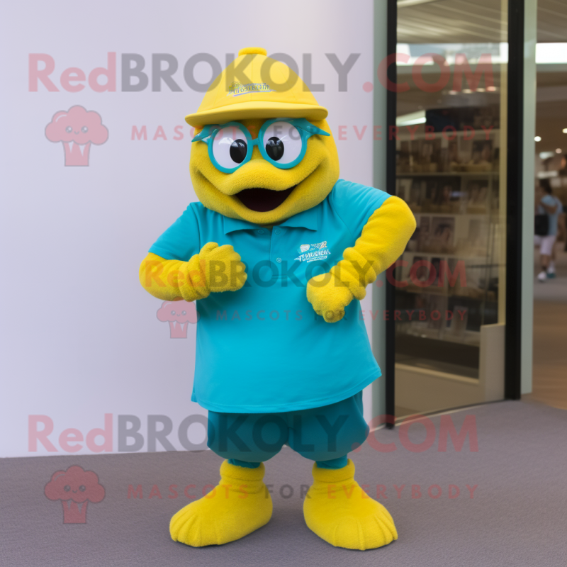 Teal Canary mascot costume character dressed with a Polo Shirt and Digital watches Teal Canary mascot costume character dressed with a Polo Shirt and Digital watches