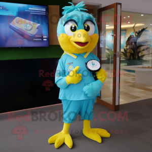 Teal Canary mascot costume character dressed with a Polo Shirt and Digital watches