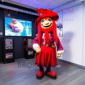 Red Pirate mascot costume character dressed with a Midi Dress and Headbands